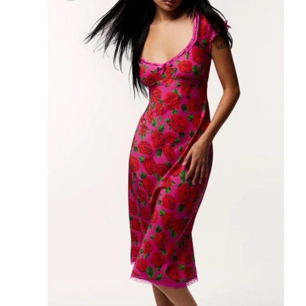 Betsey Johnson Malibu Midi Dress Pink Red Rose Floral Lace Coquette Milkmaid